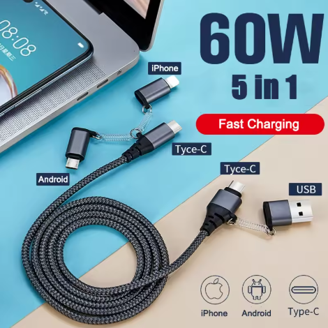 2Meter 60W 5-in-1 Fast Charging Cable with PD & QC3.0 Support USB+Type-C input, Micro+iP+Type-C output