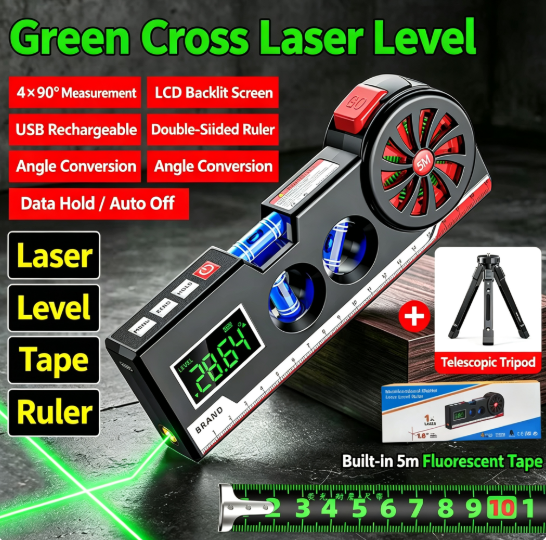 4-in-1 Multifunctional Digital Inclinometer Level Ruler | Tape Measure - Level + Laser + Ruler + 5-meter Tape Measure |4×90° Angle Measurement | Green Cross Laser Level with Tape Measure