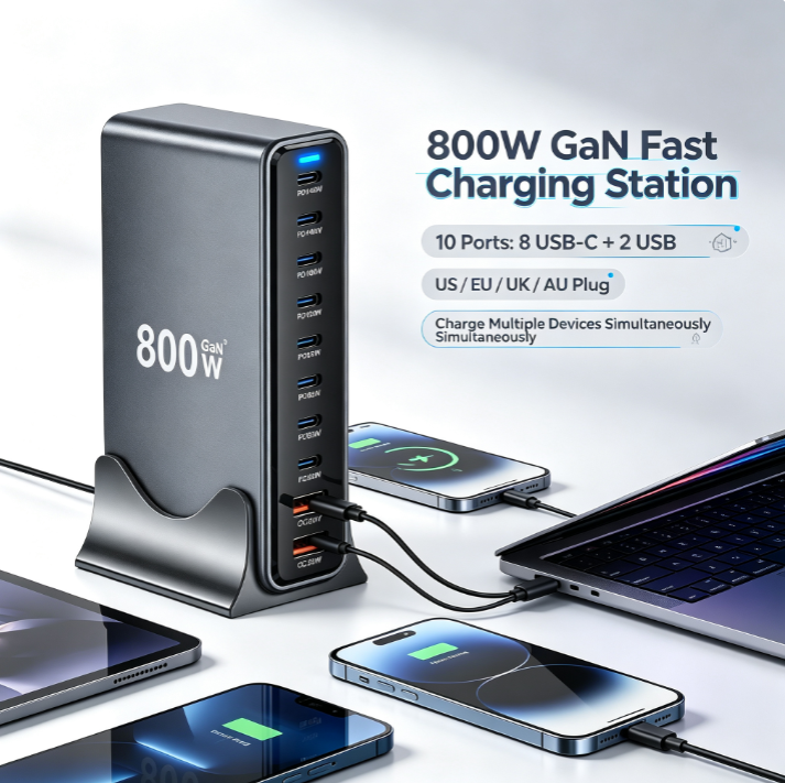 New 800W GaN Fast Charging PD3.1 PPS 10 Ports USB C Type C Fast Charger Station Adapters for iPhone Samsung Xiaomi Huawei
