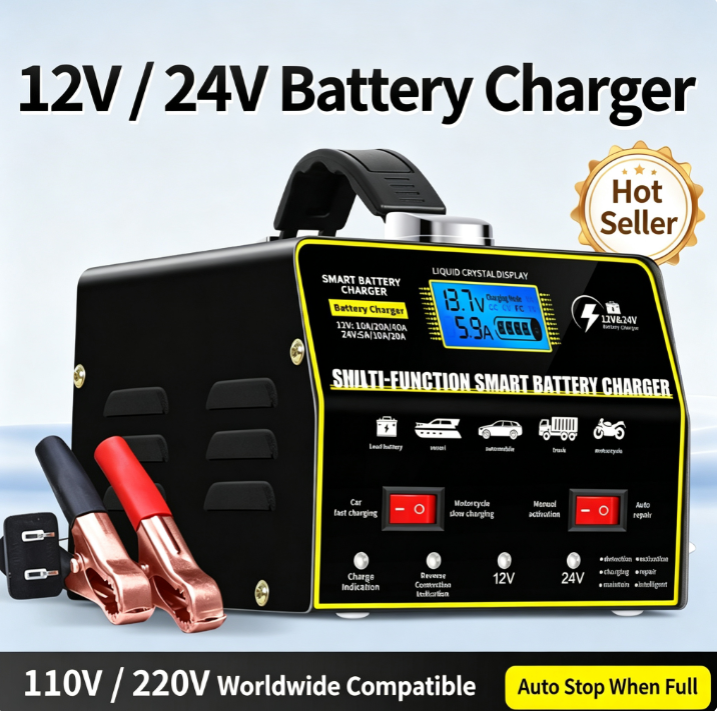 12V/24V 10A Car Smart Pulse Battery Repair Charger  Automatically stops when fully charged; 4-in-1 fully automatic functionality—detection, repair, fast charging, and float charging; six safety protections