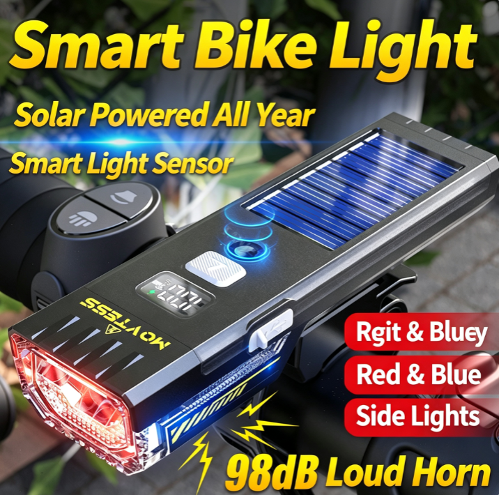 Smart Solar Bike Light with Horn & Remote Control – 1800mAh, Waterproof, Auto Light Sensor for Night Riding
