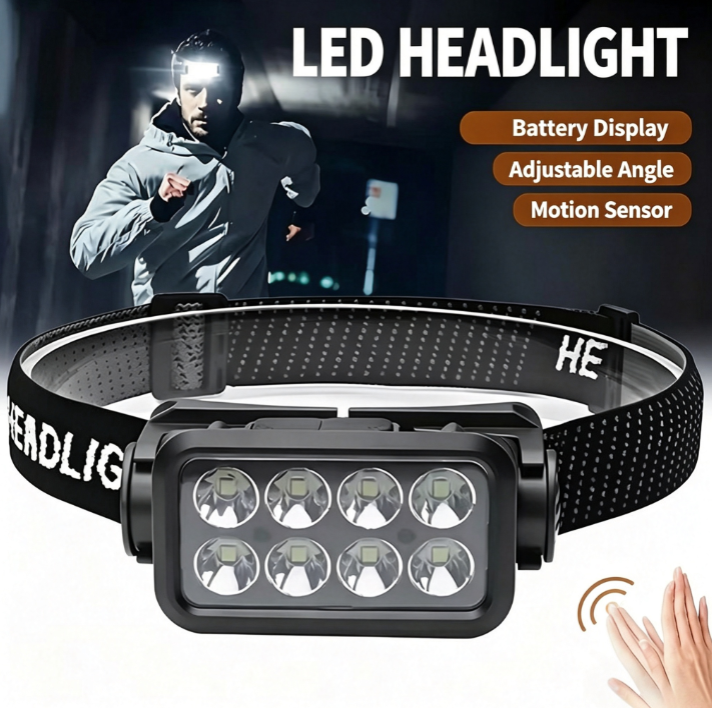 8 LED Multi-functional Rechargeable Headlamp – 200Watts Super Bright, Gesture Sensing, IPX4 Waterproof, 5 Modes for Outdoor Camping, Fishing, Night Running & Work