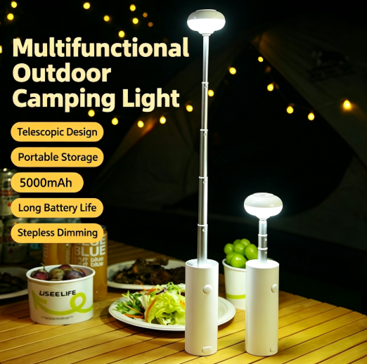 108-Hour Ultra-Long-Lasting Multifunctional Camping Lantern, Flashlight, and Work Light—Retractable Pole Design, Flip-Up Light Head, Smart Stepless Dimming, All-in-One Power Bank and Emergency Charger—5000mAh