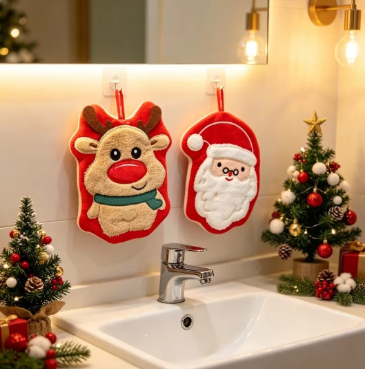 2Pcs Christmas Hanging Hand Towel Santa Reindeer Microfiber Quick Dry Absorbent Towel With Loop For Bathroom Kitchen Sink Xmas