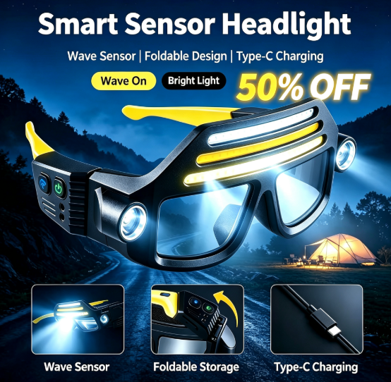 5-Light Source Eyeglass-Style Protective Headlamp | 7 Lighting Modes + Motion Sensor + Dual Light Sources COB Floodlight / XTE Spotlight | Outdoor Hiking, Night Fishing, Maintenance, Camping, Cycling