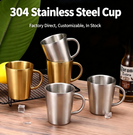 2Pcs 304 Stainless Steel Double-Wall Vacuum-Insulated Mug with Handle – 260ml/300ml Coffee and Tea Mug for Home and Office Use