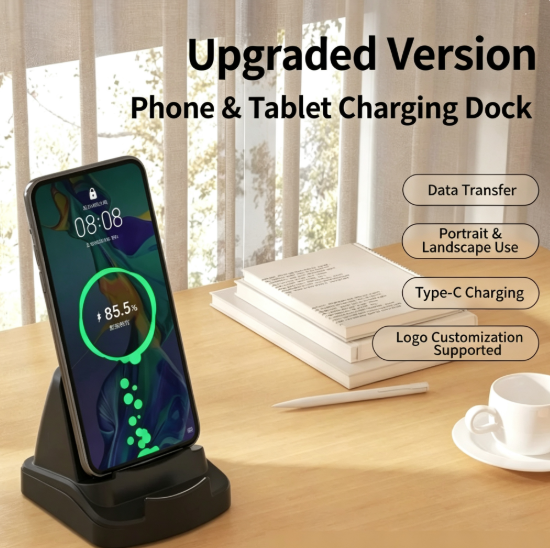 Desktop Phone Charging Dock Stand with Charging Cable– Fast Charging Dock for Phone & Tablet, QC2.0/PD1.0 Compatible, Anti-Slip Silicone Base, Vertical & Horizontal Use