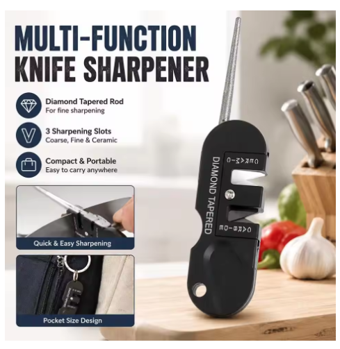 Portable EDC Knife Sharpener | Tungsten Carbide + Ceramic + Diamond 3-in-1 Sharpening Tool | Outdoor Pocket Knife Sharpener