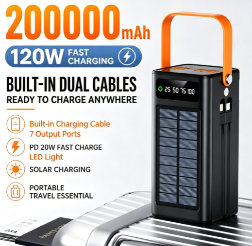 200000mAh Solar Power Bank with 120W Super Fast Charging, Built-in detachable cables for iPhone/Type-C/Micro USB, charges 7 devices simultaneously LED Light Perfect for camping, travel & emergency backup