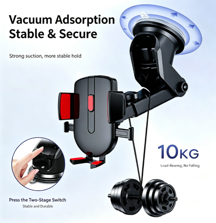 Vacuum Suction Cup Car Phone Mount — Automatic Locking with a Single Press | 10 kg Strong Vacuum Suction | Multi-Angle Rotation and Extension | Compatible with Dashboards and Glass Surfaces