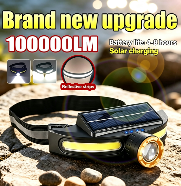 100,000 LM Solar Dual-Light Source Headlamp | Ultra-Bright Outdoor Work Light | Type-C Fast-Charging Floodlight Headlamp | IPX45 Waterproof Night Running and Repair Light