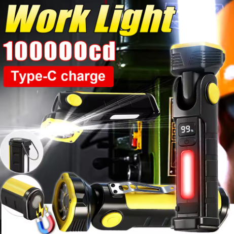 100000 cd High-Intensity Dual-Light Source 90° Rotating LED Work Light | Type-C Digital Display | 6-Level Dimming | Portable Back Clip/Hook | Outdoor Repair, Camping, and Emergency Flashlight