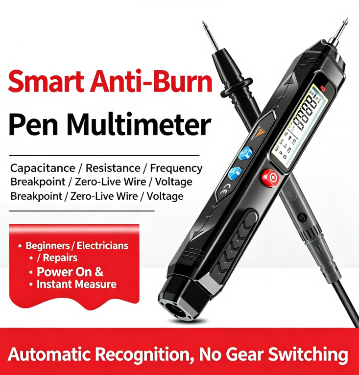 Fully Automatic Smart Burn-Proof Digital Pen-Style Multimeter Combines AC/DC voltage, resistance, capacitance, frequency, continuity beep, phase sequence detection, and NCV sensing in one device