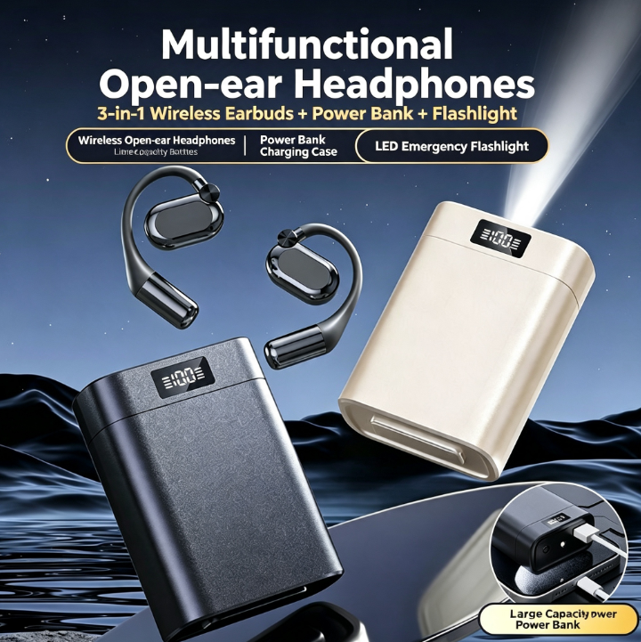 3-in-1 Wireless Open-Ear Air Conduction Headphones - 5000mAh Charging Case Power Bank & LED Flashlight, Bluetooth 5.4 Sports Earbuds with Digital Display, IPX Waterproof for Running/Workouts