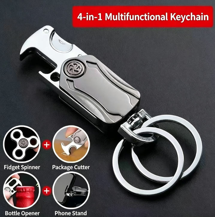 Multifunctional Car Keychain with Finger Spinner and Bottle Opener | Portable Package-Opening Knife | Phone Mount Waist Keychain