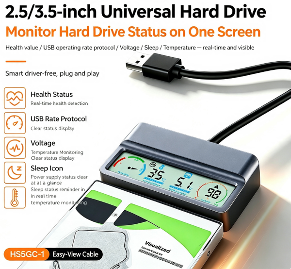 Smart Digital Display 2.5/3.5-inch Universal Hard Drive Adapter Cable | USB 3.0 to SATA with Health Monitoring