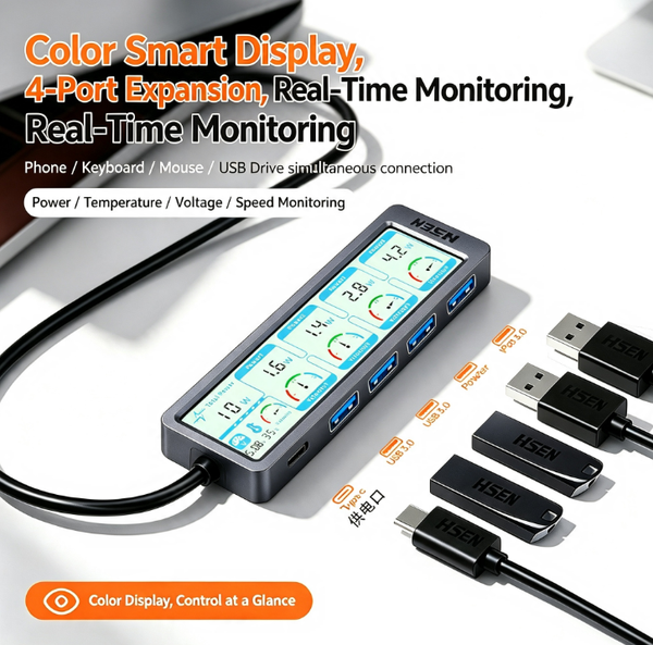 4-Port USB 3.0 Hub with Smart Digital Display | 5Gbps High-Speed Data Transfer & Independent Power/Voltage/Temperature Monitoring | 24-Bit ADC Precision | Anti-Backflow Protection