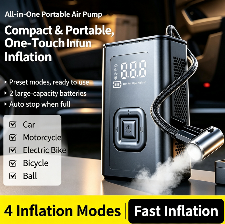 New Fully Automatic Portable Car Air Pump Digital Display, Wireless Design, Automatically Stops when the preset pressure is reached, Suitable for Cars, Moto,Bike and Sports Balls