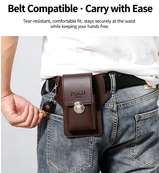 New Men's Double-Layer Leather Belt-Worn Multifunctional Cell Phone Waist Pouch
