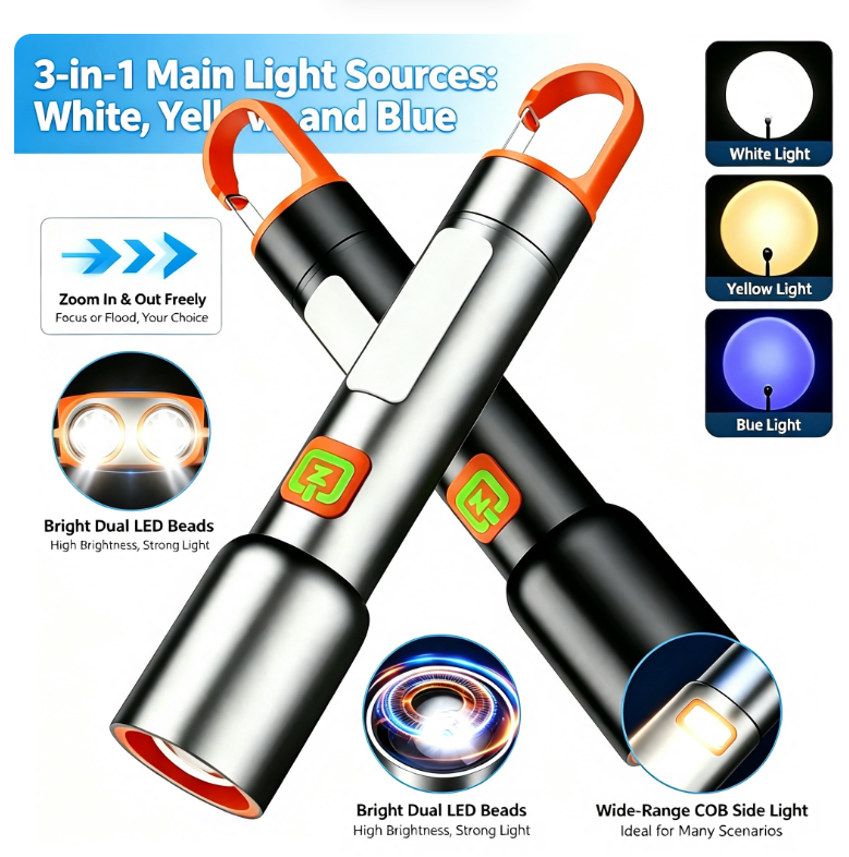 3-in-1 White, Yellow, and Blue Light Source Zoom Flashlight | 1,000-Meter Long-Range Beam | COB Side Light & Camping Light | Type-C Fast Charging & Long Battery Life