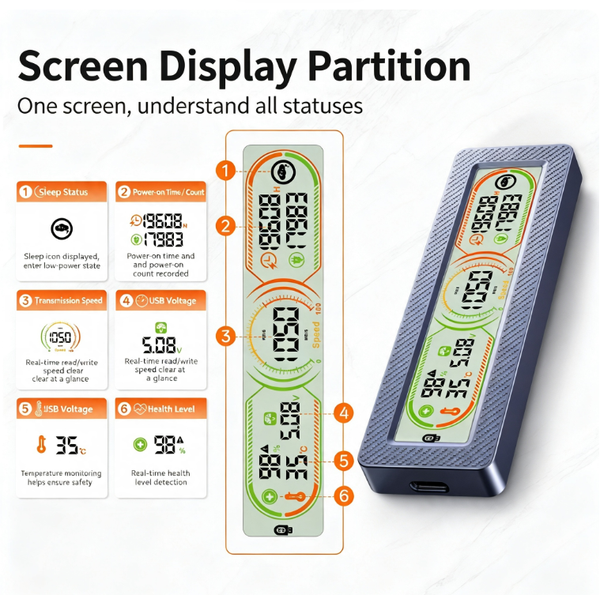10 Gbps Smart Visualization M.2 NVMe/SATA Dual-Protocol Portable Hard Drive Enclosure - Real-time speed, temperature, and health monitoring
