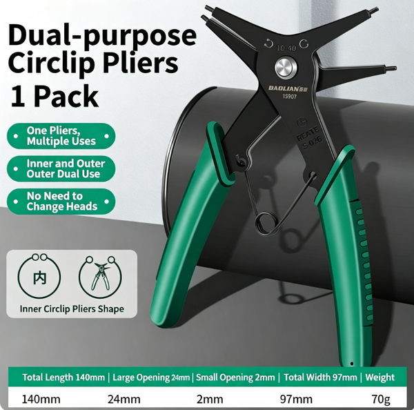 Professional-Grade Multifunctional Dual-Purpose Snap Ring Pliers | 2-in-1 for Inner and Outer Snap Rings | No Need to Change Heads—Spring Retainer Removal Tool (140mm / 10-40mm)