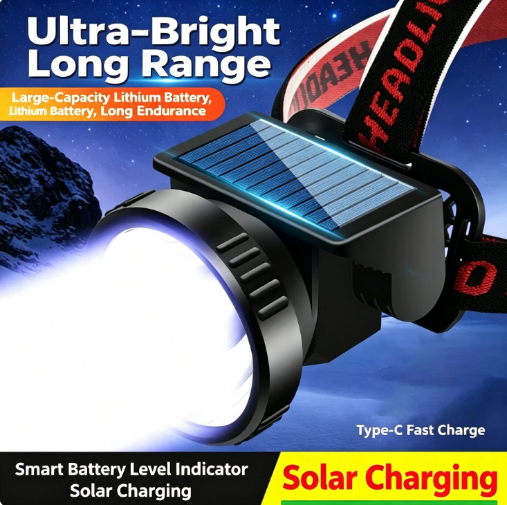 Solar-Powered Headlamp Bright Light, Long-Range Beam, Extra-Long Battery Life, 4-Level Dimming, IPX4 Waterproof, Durable Outdoor Mining Flashlight