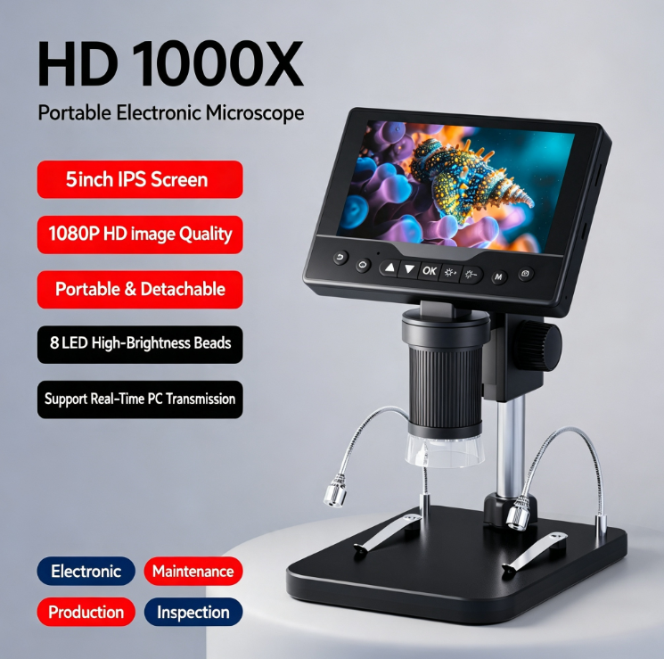 2K High-Definition 5x–1,000x Portable Digital Microscope | 5-inch IPS Large Screen | Handheld/All-in-One Dual Modes | Circuit Board Repair/Industrial Inspection/Nature Observation