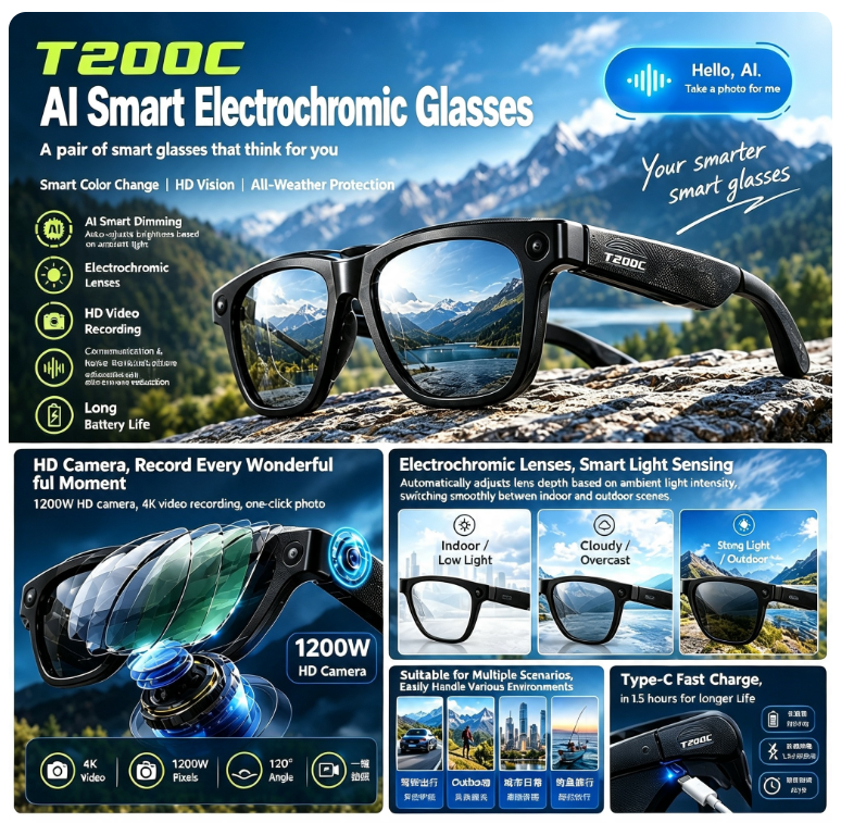 AI-Powered Electrochromic Glasses | 1200W HD Anti-Shake Camera Glasses | Real-Time Translation | Smart Voice Assistant