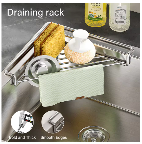 Upgraded Stainless Steel Sink Corner Drying Rack | Triangle Sponge & Scrubber Holder | Fast Draining Kitchen Organizer