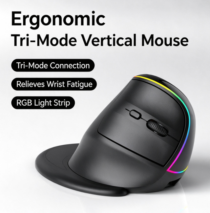 Ergonomic Vertical Mouse | Tri-Mode Wireless (2.4G/Bluetooth/Wired) | RGB Gaming Mouse | Rechargeable