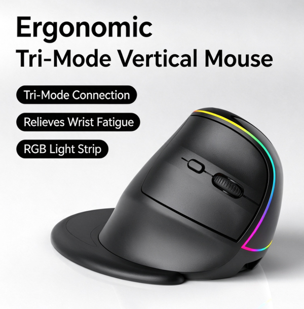 Ergonomic Vertical Mouse | Tri-Mode Wireless (2.4G/Bluetooth/Wired) | RGB Gaming Mouse | Rechargeable