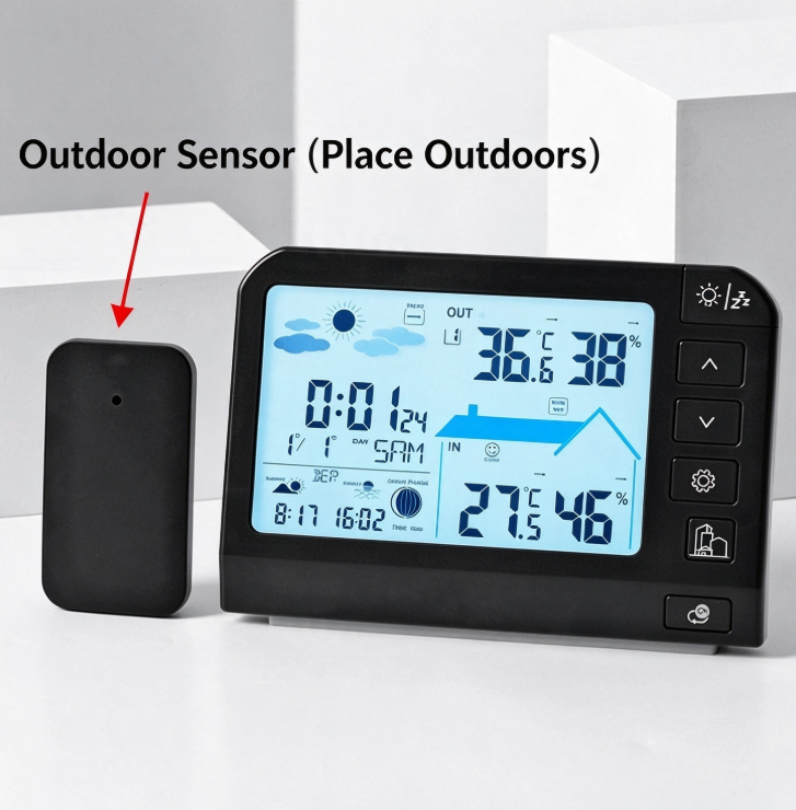 Digital Indoor Outdoor Thermometer Hygrometer with Weather Forecast, LCD Wireless Temperature Humidity Monitor, Multi-functional Alarm Clock with Snooze & Frost Alert