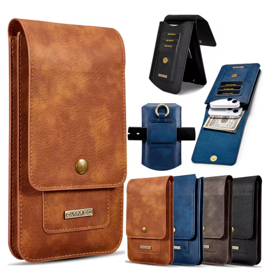 Double-Layer Cowhide Cell Phone Pouch, Waist Bag, Wallet—Fits Phones Up to 7 Inches, 13 Card Slots, Detachable Dual-Phone Pouch