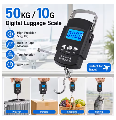 50kg/10g Portable LCD Electronic Hand Scale Travel Hanging Scale with 100cm Long Retractable Measuring Tape