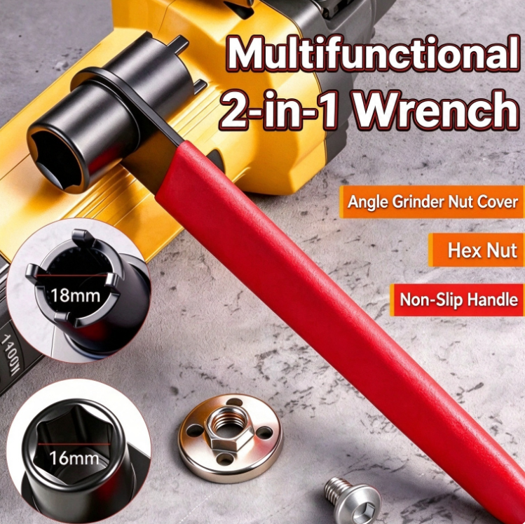 Multifunctional 2-in-1 Angle Grinder Wrench | Heavy-Duty Chromium-Vanadium Steel Four-Prong/Hex Socket Removal Tool | Includes 3 Clamping Plates