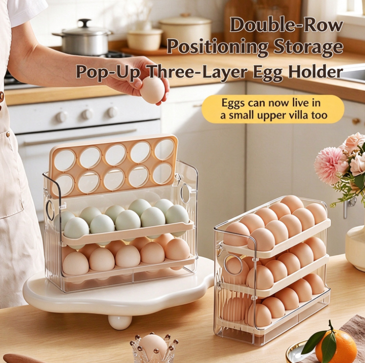 Three-Tier Automatic Pop-Up Egg Storage Container (30-Egg Capacity) Designed for the Side Door of Your Kitchen Refrigerator