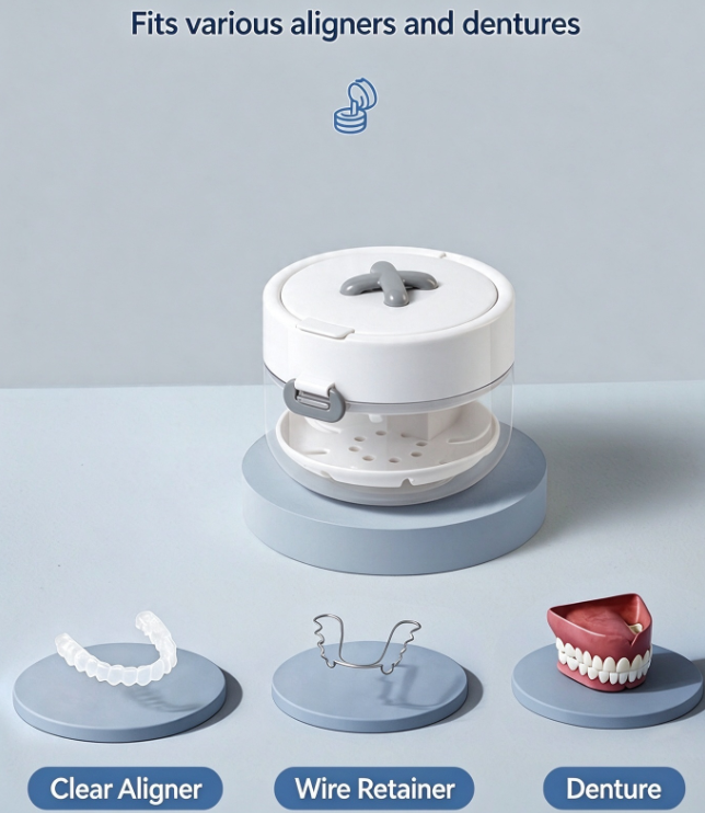 Multifunctional Brace Cleaning and Storage Case | 3-in-1 Invisible Retainer Cleaning Case | With Mirror, Drainage Holes, and Remover | Portable Denture Storage Case