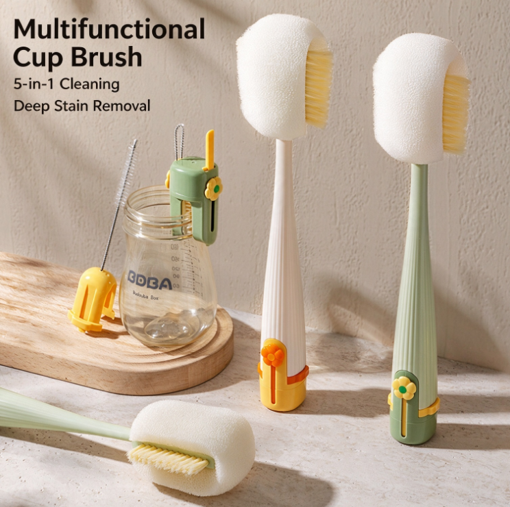 5-in-1 Multipurpose Cup Brush | 360° Deep Clean Tool | Long Handle Sponge & Stiff Bristle | For Baby Bottles, Thermoses & Pitchers