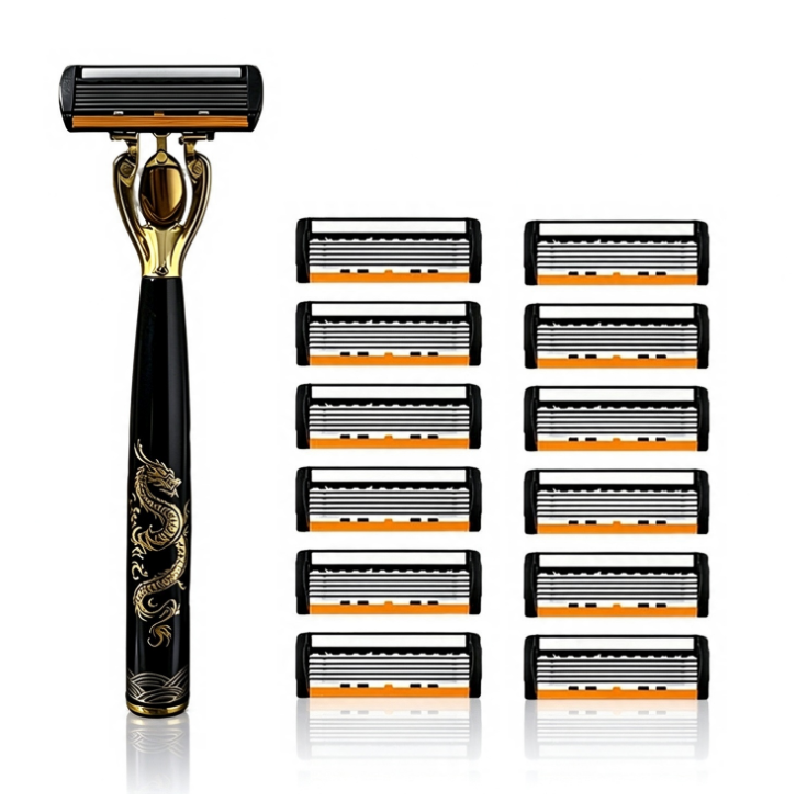 6-Blade Manual Safety Razor for Men | German Precision Shaving Razor with 12 Replacement Cartridges | Smooth, Close Shave & Anti-Irritation