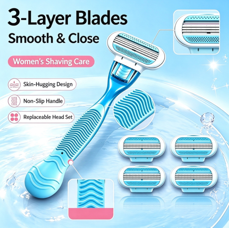 3-Blade Manual Razor for Women | Gentle Hair Removal for the Bikini Area and Underarms | Set Includes 1 Razor Handle + 8 Replacement Blades