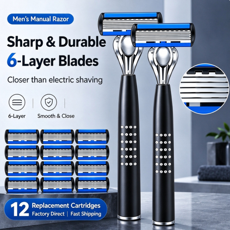 German Precision Shaving Razor 2 Razor Handles + 12 Replacement Cartridges 6-Blade Manual Safety Razor for Men Smooth, Close Shave & Anti-Irritation
