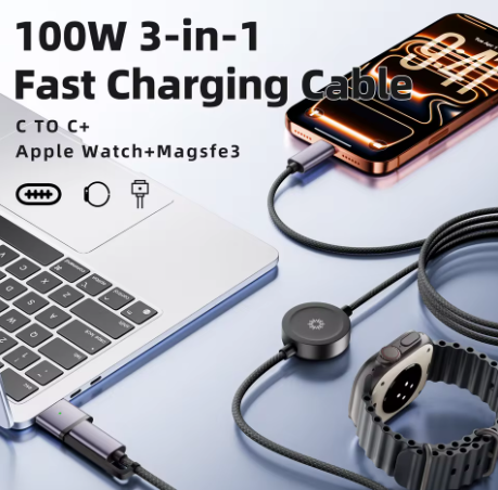 1.5Meters 100W 3-in-1 Fast Charging Cable | USB-C to C + MagSafe 3 + Apple Watch Charger
