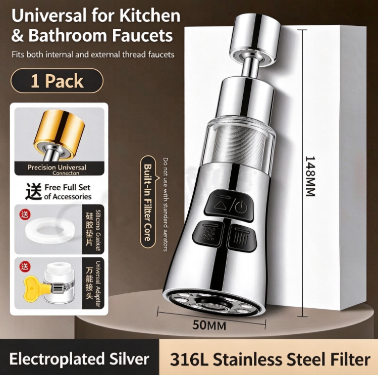 Ultra-Filter 360° Rotatable Kitchen Faucet Extender | 4-Mode Splash-Proof Aerator with 316L Stainless Steel Filter