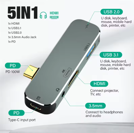 Type-C to HDMI Adapter Converter 5 in 1 Type-C Hub 3.55mm Jack PD100W Type-C USB2.0/USB3.1 HDMI-Compatible USB Extender Hub