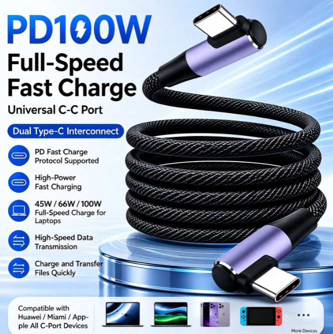 100W PD Dual 90° Angled Type-C Magnetic Fast-Charging Cable | Automatic Retraction to Prevent Tangling