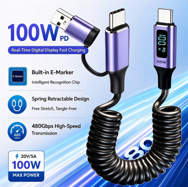 100W PD 5A USB+C to USB-C Coiled Cable with Real-Time LED Display | 1.8M Retractable Spring Fast Charging Cord | For iPhone/Android | 480Mbps Data Sync