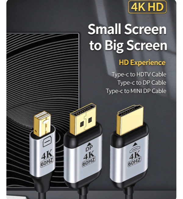 Type-C to HDTV/DP/MiniDP Video Cable | 4K@60Hz HD Screen Mirroring Cable, 1.8M | Connects smartphones and laptops to TVs, monitors, and projectors | Mirroring and Split-Screen Modes