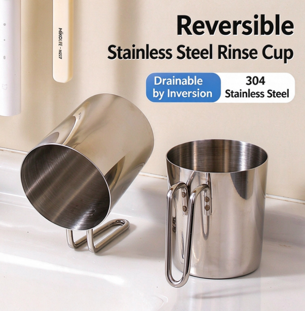 350ml 304 Stainless Steel Cup with Handle | Inverted Drainage Design | 350ml Rustproof Dental Rinse Cup for Bathroom & Kitchen