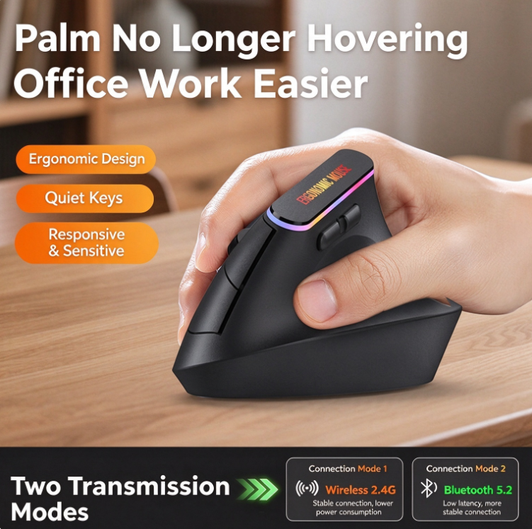 57° Optimal Tilt Angle Wrist-support Mouse Ergonomic Mouse Cordless Vertical Grip Mouse | 2.4G/Bluetooth dual-mode | Silent charging | 3 Adjustable DPI 800/1200/1600